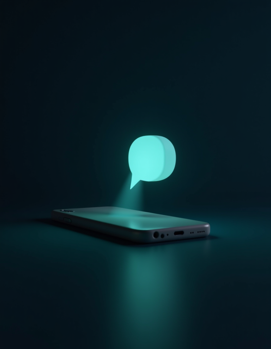 A glowing teal message bubble rising from a phone — Dispatch texts every lead back instantly.